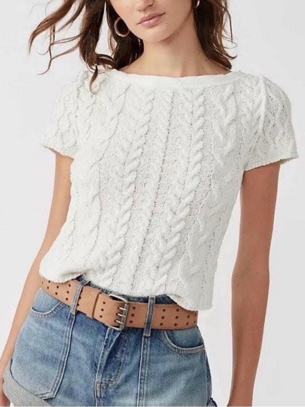 Free People Baby Cable Knit Short Sleeve Tee Sweater